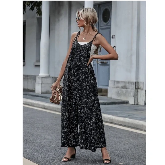 Tie Shoulder Polka Dot Black Wide Loose Fitting Jumpsuit - Picture 5 of 9